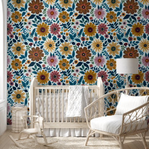 Midcentury Boho Floral Wildflowers Flowers Nursery Wallpaper