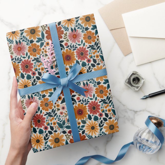 Midcentury Boho Floral Wildflowers Flowers Nursery Wrapping Paper (Gifting)