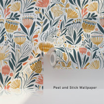 Midcentury Boho Florals in Coral Mustard Teal Wallpaper
