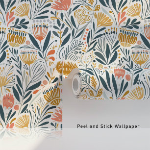 Midcentury Boho Florals in Coral Mustard Teal Wallpaper