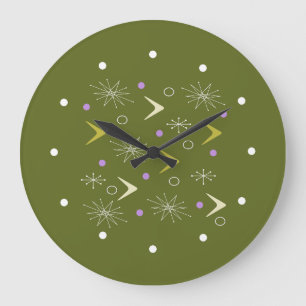 Midcentury Boomerangs Starbursts Olive Green Large Clock