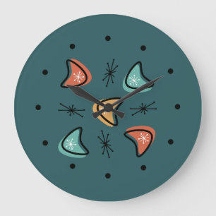 Midcentury Boomerangs Starbursts Teal Large Clock