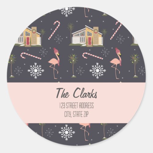 Midcentury Christmas House Palm Tree Address Class Classic Round Sticker