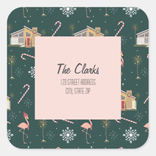 Midcentury Christmas Pink House Palm Tree Address Square Sticker
