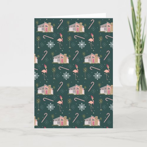 Midcentury Christmas Pink House Palm Tree Pattern  Holiday Card