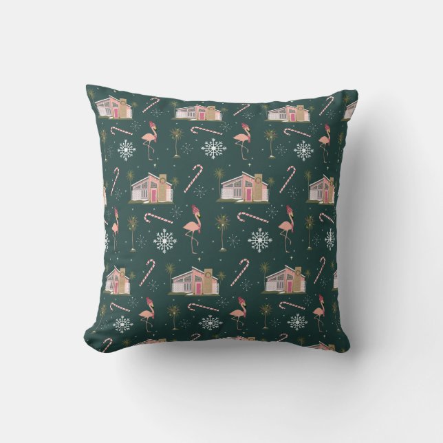Midcentury Christmas Pink House Palm Tree  Throw P Throw Pillow (Front)