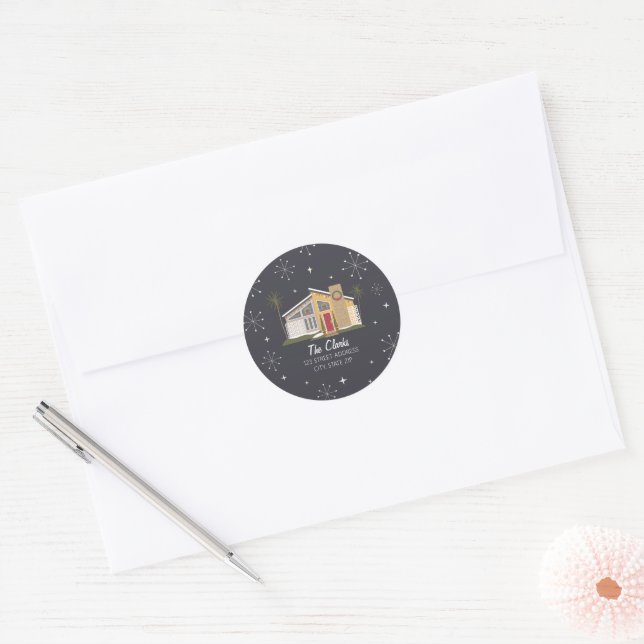 Midcentury House Palm Tree Christmas Address Classic Round Sticker (Envelope)