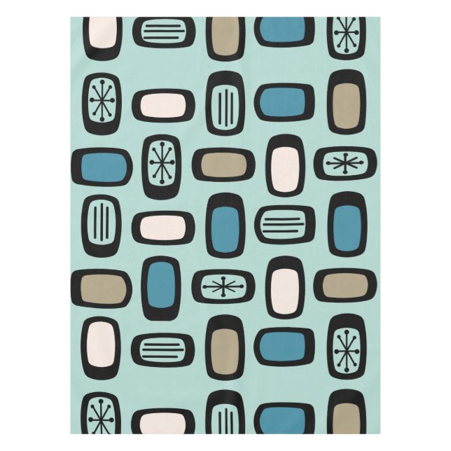 Midcentury MCM Rounded Rectangles Aquamarine Tablecloth (Front)