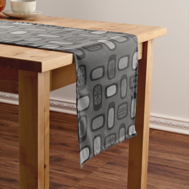 Midcentury MCM Rounded Rectangles Ash Gray Short Table Runner (In Situ)