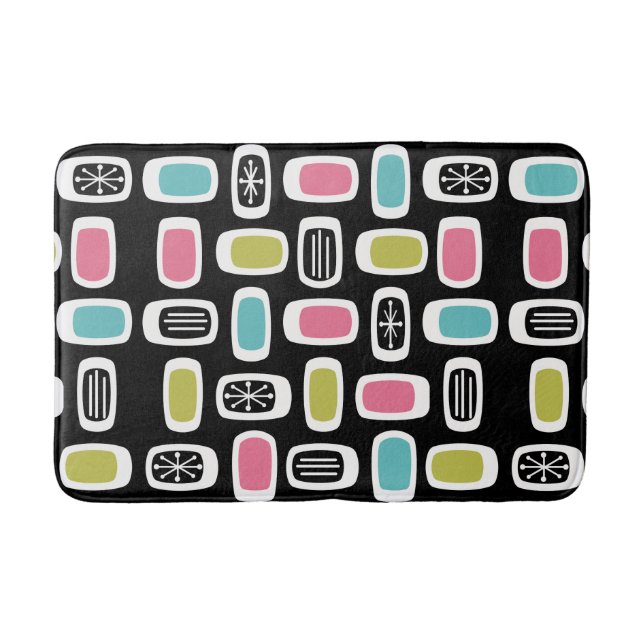 Midcentury MCM Rounded Rectangles Black Colorful Bath Mat (Front)