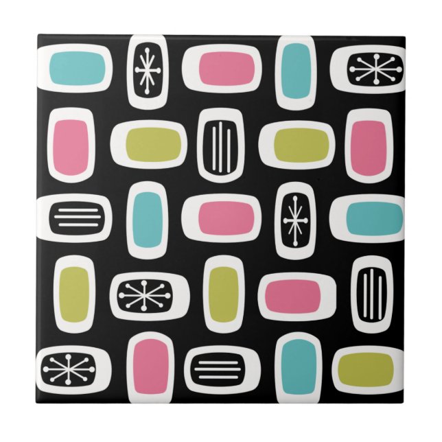 Midcentury MCM Rounded Rectangles Black Colorful Ceramic Tile (Front)