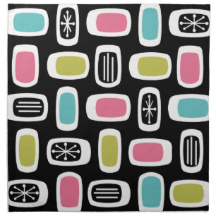 Midcentury MCM Rounded Rectangles Black Colorful Cloth Napkin