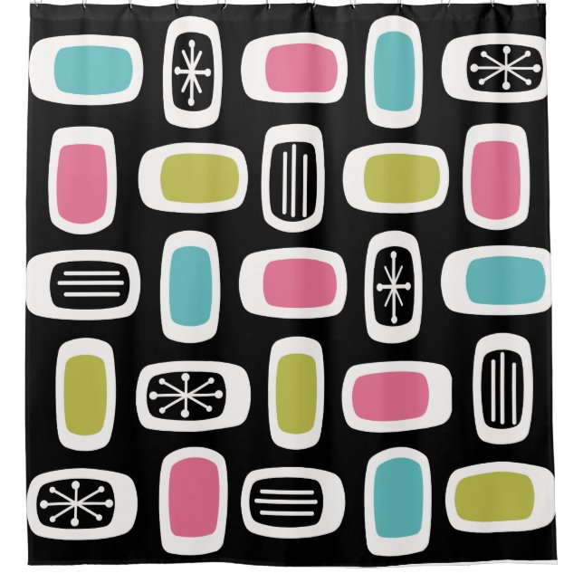 Midcentury MCM Rounded Rectangles Black Colorful Shower Curtain (Front)