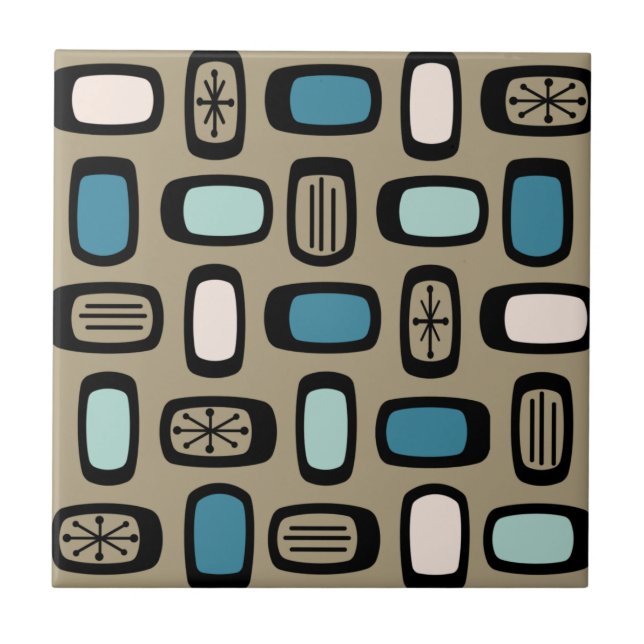 Midcentury MCM Rounded Rectangles Gold Blue Ceramic Tile (Front)