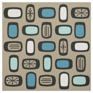 Midcentury MCM Rounded Rectangles Gold Blue Fabric