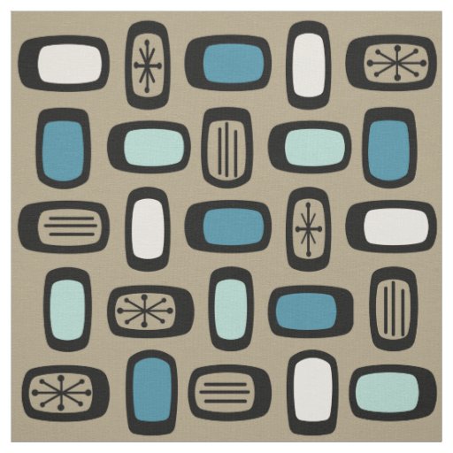 Midcentury MCM Rounded Rectangles Gold Blue Fabric