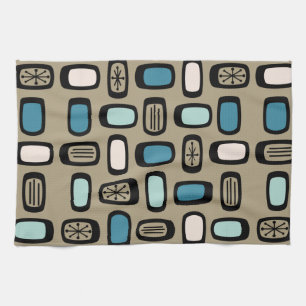 Midcentury MCM Rounded Rectangles Gold Blue Kitchen Towel