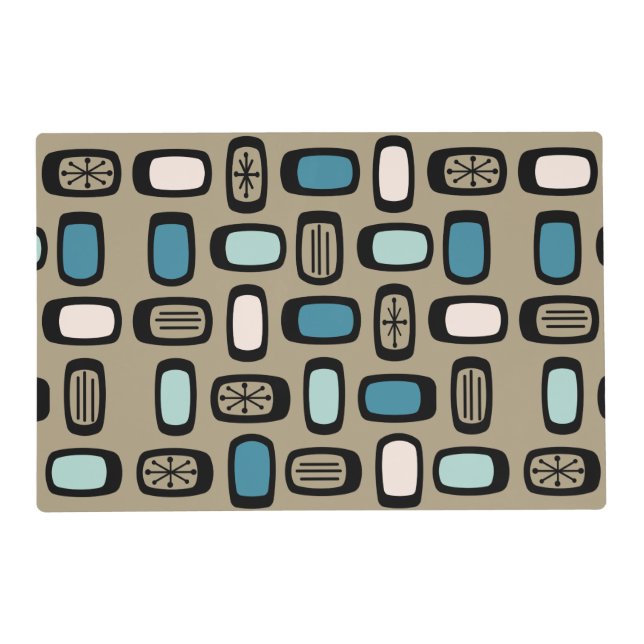 Midcentury MCM Rounded Rectangles Gold Blue Placemat (Front)