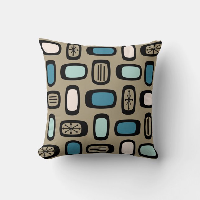 Midcentury MCM Rounded Rectangles Gold Blue Throw Pillow (Front)