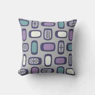 Midcentury MCM Rounded Rectangles Gray Purple Throw Pillow
