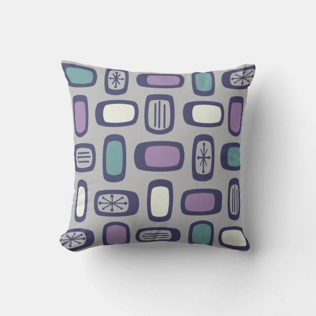 Midcentury MCM Rounded Rectangles Gray Purple Throw Pillow (Front)