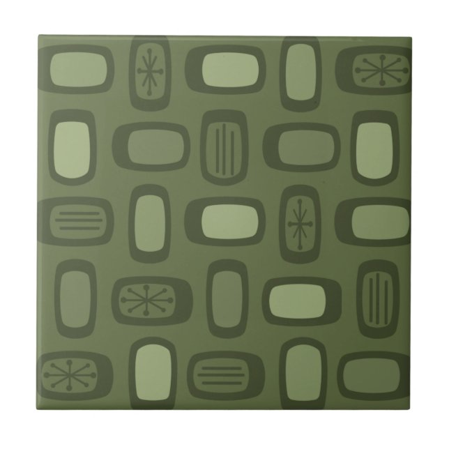 Midcentury MCM Rounded Rectangles Olive Green Ceramic Tile (Front)