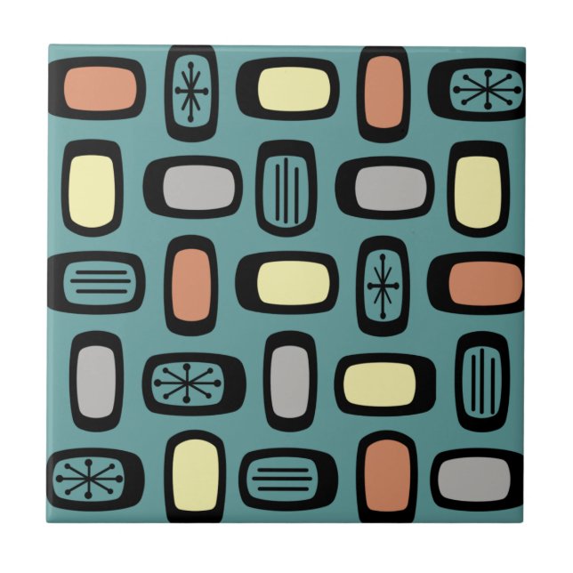 Midcentury MCM Rounded Rectangles Turquoise Colorf Ceramic Tile (Front)