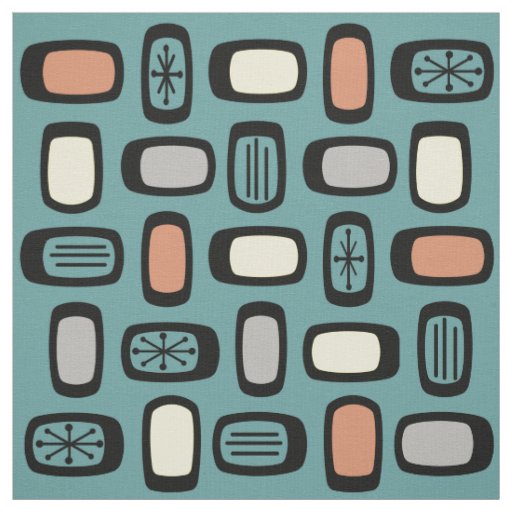 Midcentury MCM Rounded Rectangles Turquoise Colorf Fabric