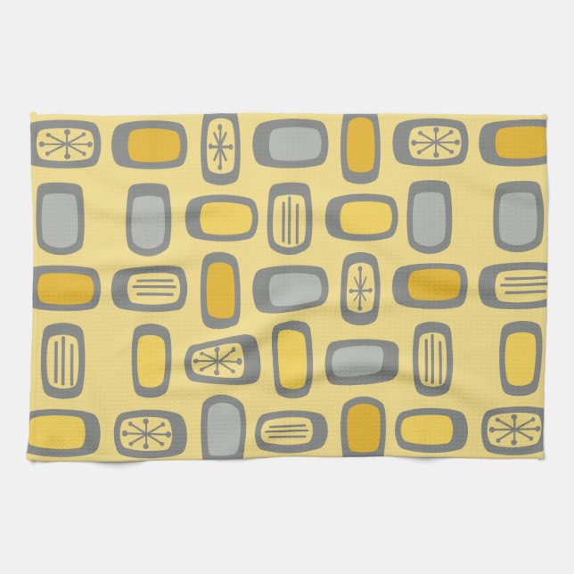 Midcentury MCM Rounded Rectangles Yellow Grey Kitchen Towel (Horizontal)