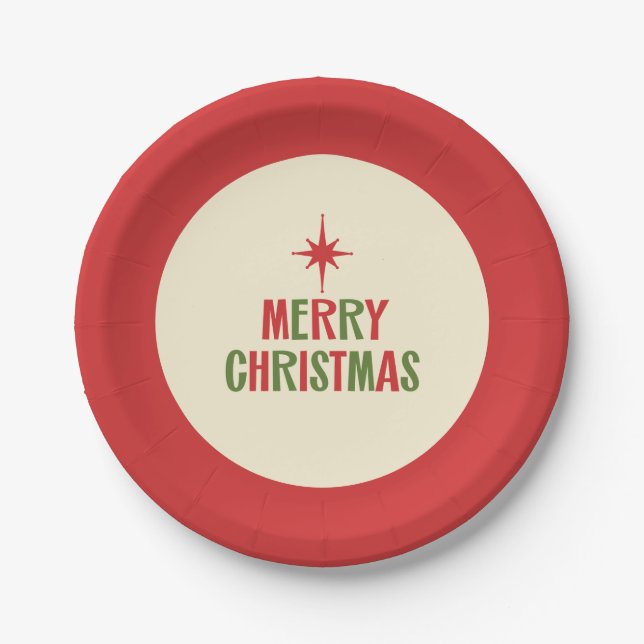 Midcentury Merry Christmas Retro Typography  Paper Plates (Front)