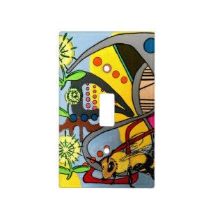 'MidCentury Mod Abstract Garden Bee' painting on a Light Switch Cover
