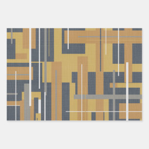 Midcentury Mod Faded Cloth Geo in Mustard & Navy Wrapping Paper Sheets