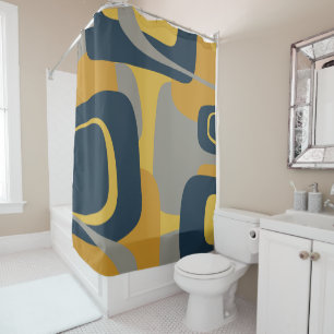 Midcentury Modern Abstract 2 Mustard, Navy, Gray Shower Curtain