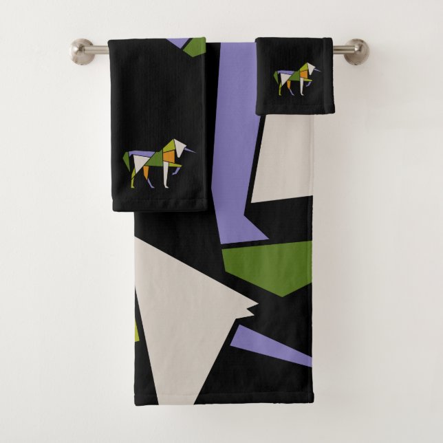 Midcentury Modern Abstract Powerful Tangram Animal Bath Towel Set (Insitu)