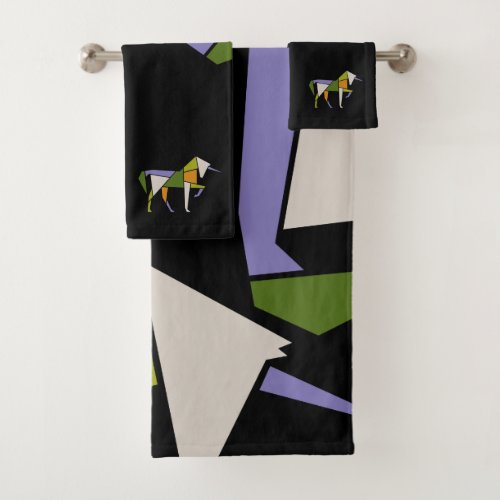 Midcentury Modern Abstract Unicorn Tangram Animal Bath Towel Set