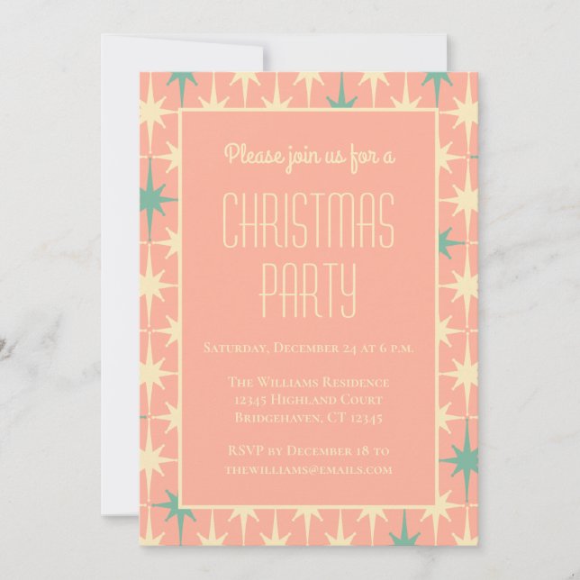 Midcentury Modern Atomic Retro Pink Xmas Stars Invitation (Front)