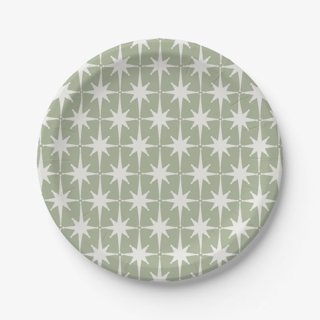 Midcentury Modern Atomic Starburst Pattern Sage Paper Plates (Front)