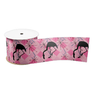 Midcentury Modern Atomic Starburst Retro Flamingos Satin Ribbon