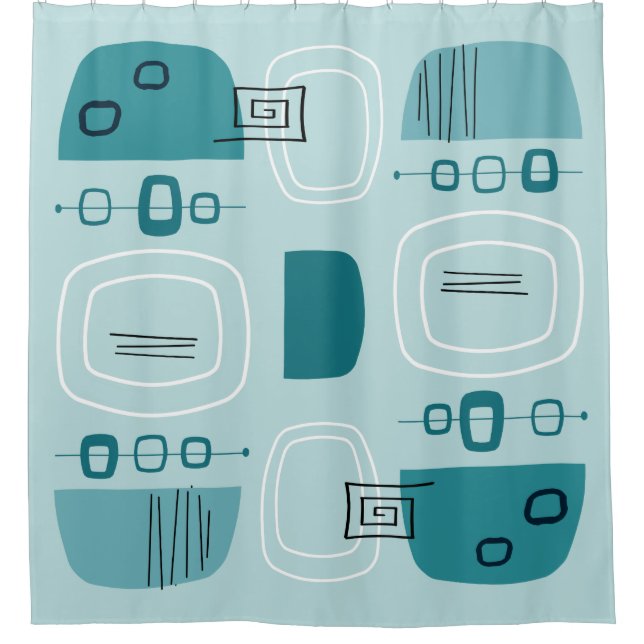 Midcentury Modern Bowls & Stones Turquoise Shower Curtain (Front)