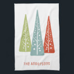 Midcentury Modern Christmas Trees Personalized Kitchen Towel<br><div class="desc">Add a name to create a personalized Christmas kitchen towel. This towel features illustrations of three Christmas trees in light green,  light blue and red with a name or your own custom text below in red.</div>