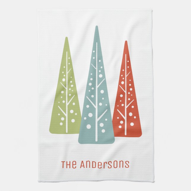 Midcentury Modern Christmas Trees Personalized Kitchen Towel (Vertical)