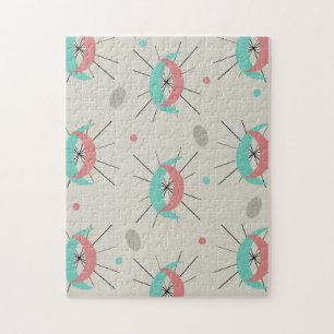 Midcentury Modern Crescents Turquoise Pink Jigsaw Puzzle