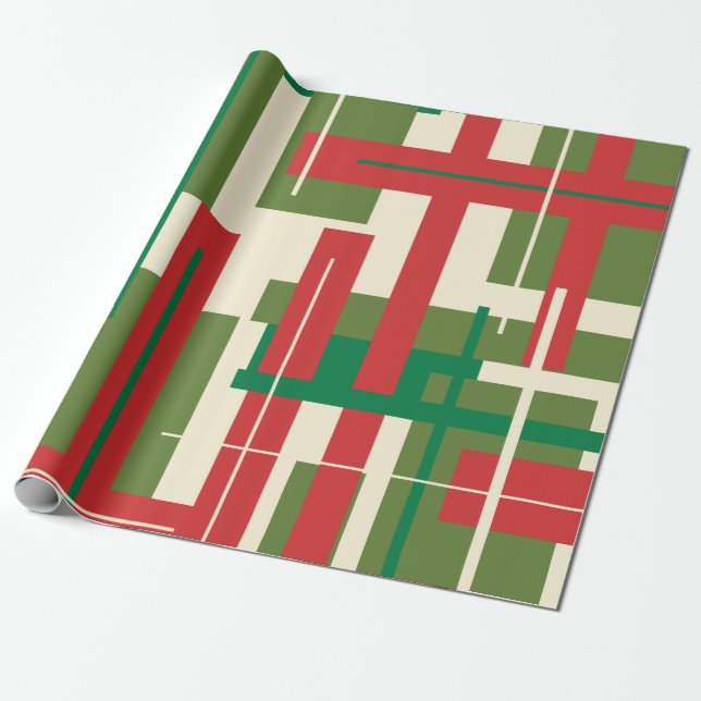 Midcentury Modern Deconstructed Plaid Christmas Wrapping Paper (Unrolled)