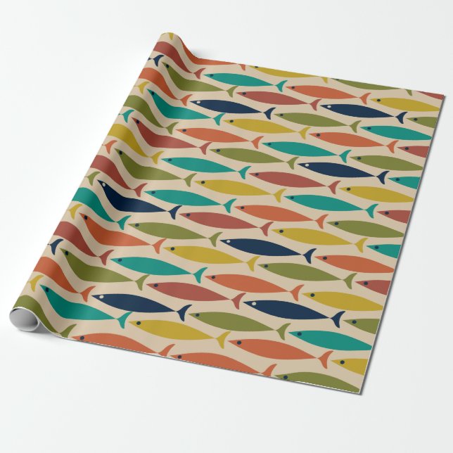 Midcentury Modern Fish Pattern Wrapping Paper (Unrolled)
