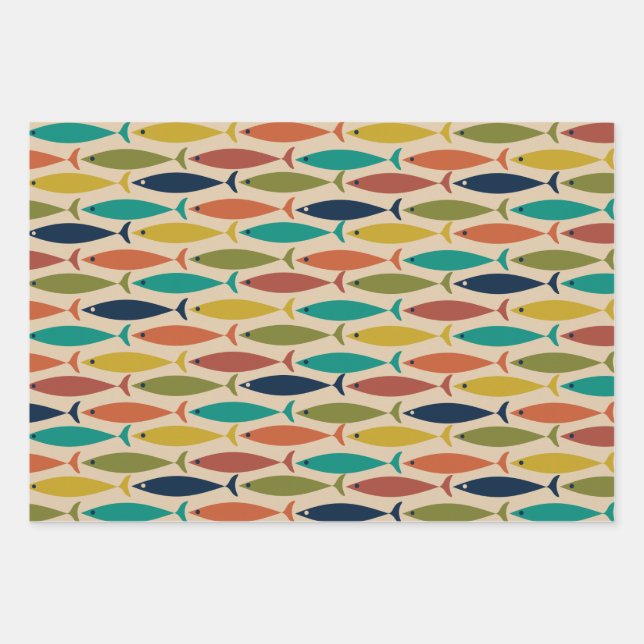 Midcentury Modern Fish Pattern Wrapping Paper Sheets (Front)