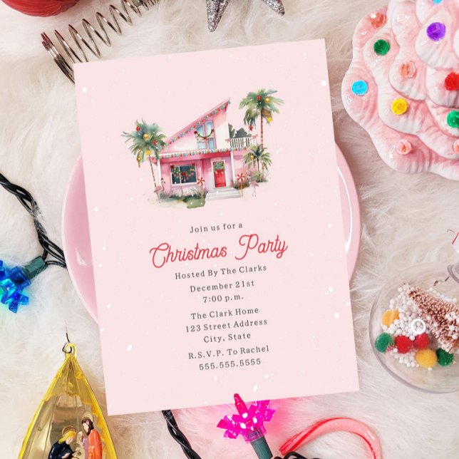 Midcentury Modern House Pink Christmas Party Invitation (Creator Uploaded)