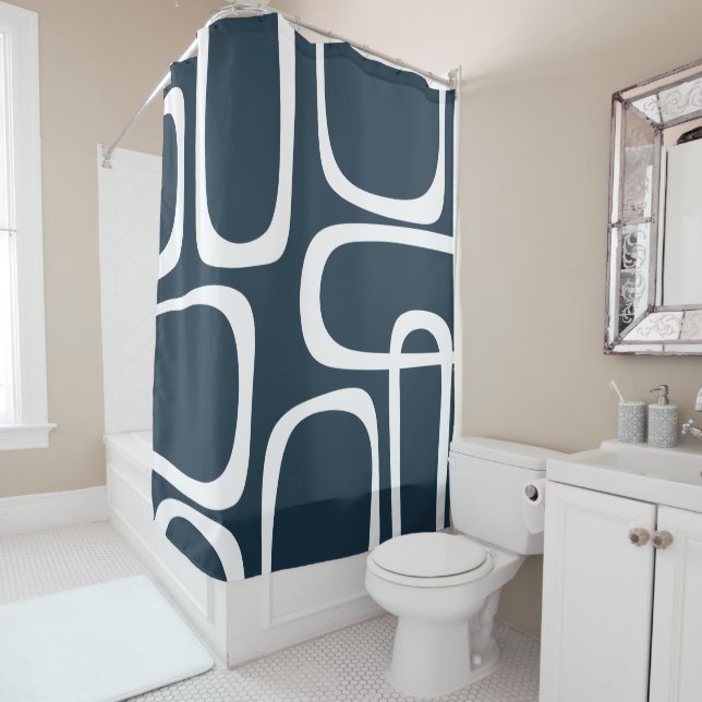 Midcentury Modern Loops in White and Navy Blue Shower Curtain (In Situ)