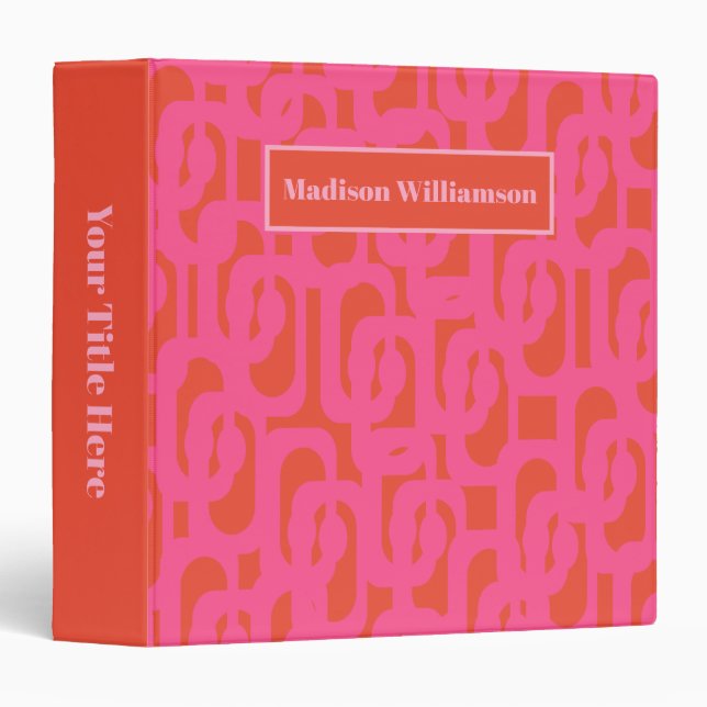 Midcentury Modern Loops Pattern Hot Pink Orange 3 Ring Binder (Front/Spine)