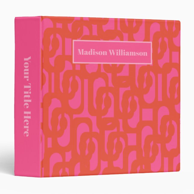 Midcentury Modern Loops Pattern Hot Pink & Orange 3 Ring Binder (Front/Spine)