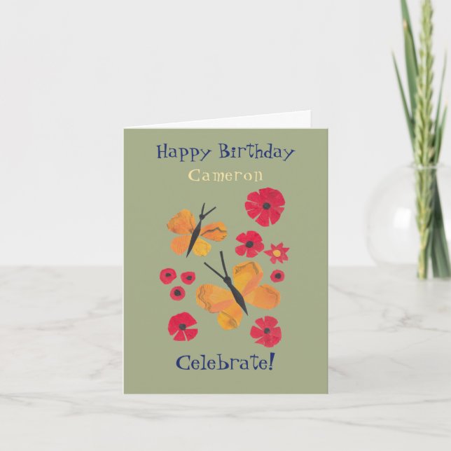 MidCentury Modern Orange Butterfly Cute Birthday Card (Front)